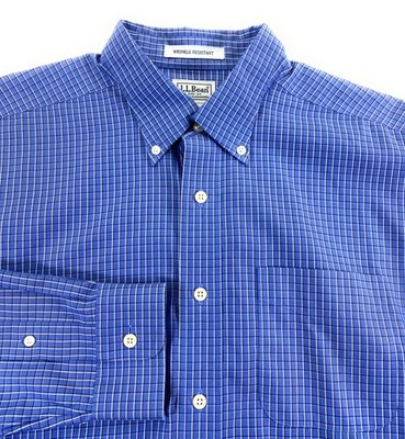 LL Bean Men's Button Down Wrinkle Resistant Cotton Pocket Blue Check Shirt Large