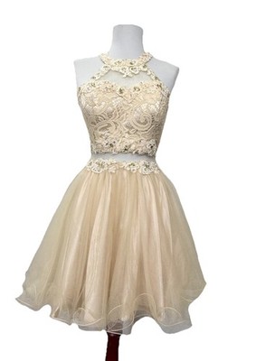 Dancing Queen XS Beaded Lace High Neck A-Line Short Tulle Prom Cocktail Dress