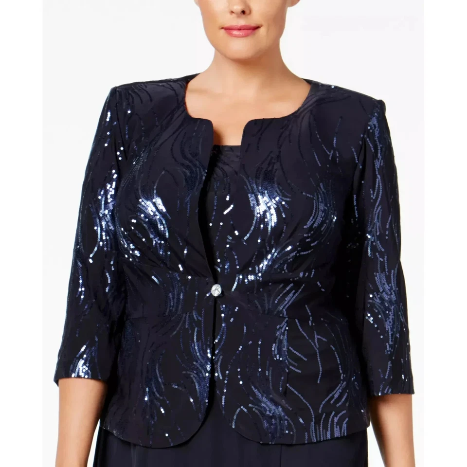 ALEX EVENINGS 2pc Navy Sequin Chiffon Midi Dress + Jacket 3/4 Sleeve SET 22W 3X - Image 3 of 4