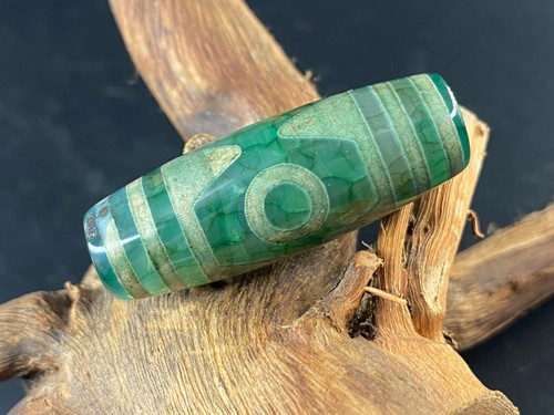 Ciondolo perline DZi vecchia agata verde tibetano *dente di tigre 3 occhi* 39 mm N10 - Foto 3 di 7