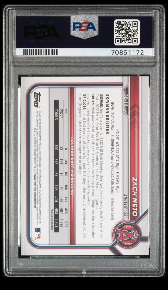 2022 Bowman Draft Zach Neto Rookie Card Blue S/P #/150 PSA 8 ( Low Pop of 2) - Image 2 of 4