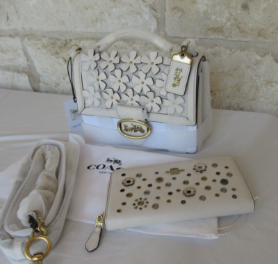 COACH 2-pc RILEY Top Handle 22 FLORAL Appliqué + Wallet CHALK Tea