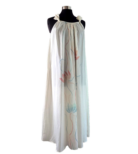 Vintage Mary McFadden S Dress Pastel Floral Lotus Pink Blue on Cream Bow Strap