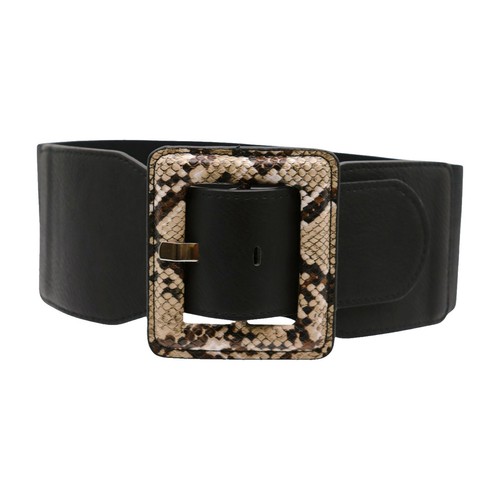 Women\'s Black Snakeskin Elastic Waist Belt with Gold Double-Ring Buckle Buy Black Snakeskin Embossed Belt With Gold Buckle 2.5 Cm  main image 4