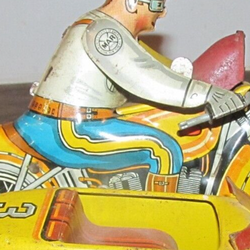 Vintage 1950's Police Motorcycle w/ Side Car Wind up Tin Toy #3