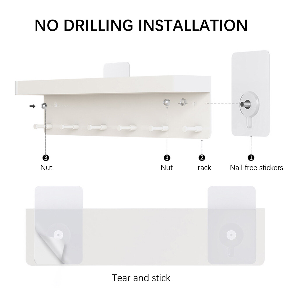 Schlüsselbrett Mit 6 Haken & Ablage - Weiß, Selbstklebend Oder Mit Schrauben