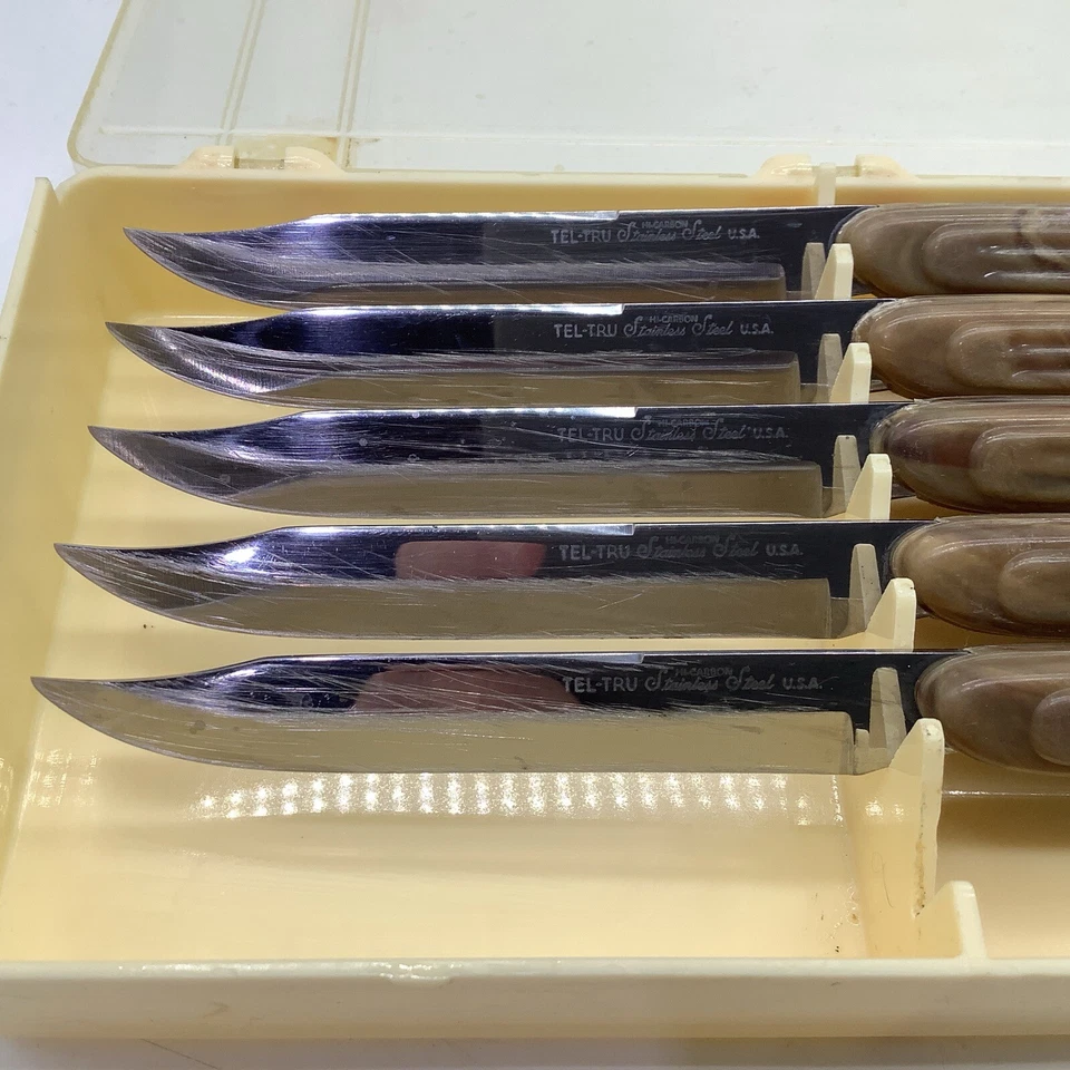 Juego de 5 cuchillos para carne Tel Tru sanitarios de acero inoxidable en estuche mangos marrones Foto 3 de 4