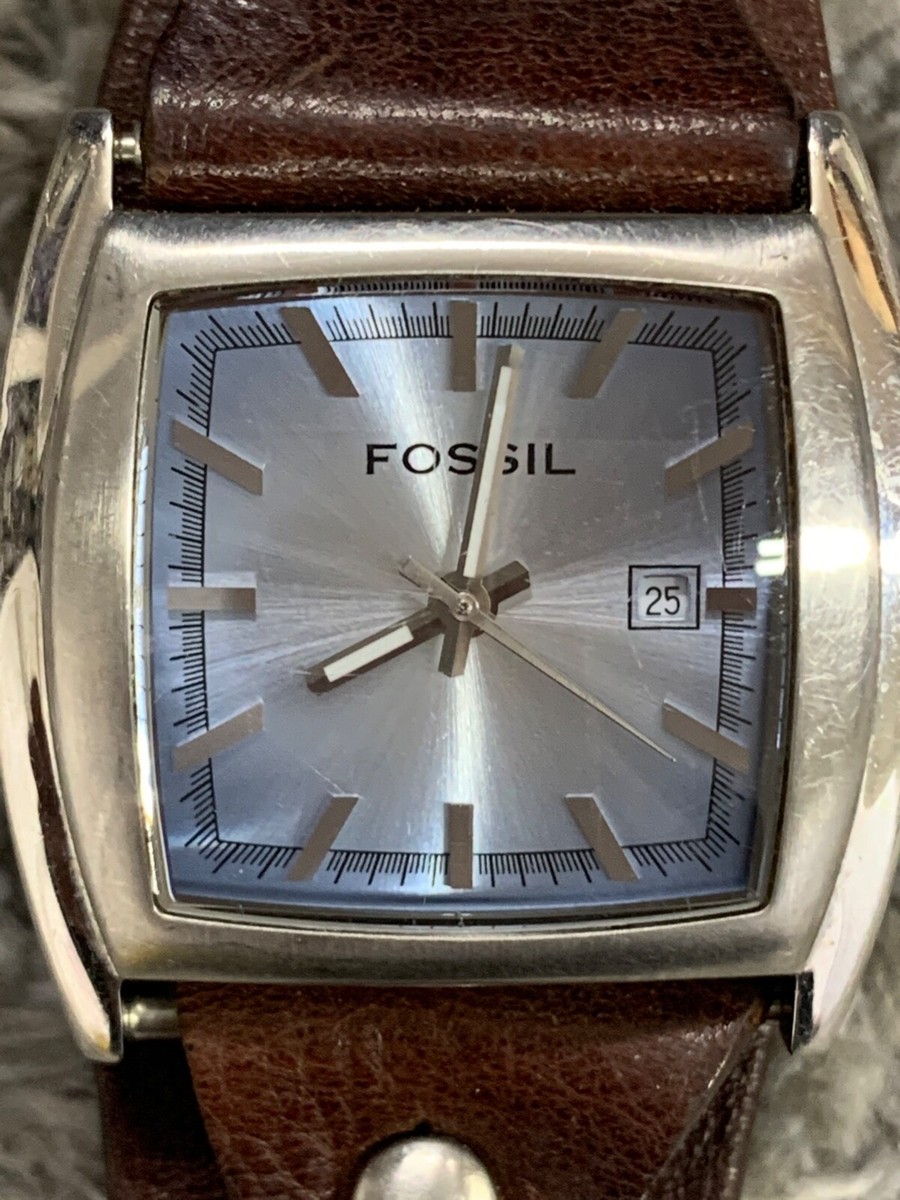 Fossil JR 8133 Watch Silver Tone Date Blue Face Brown Leather Band 