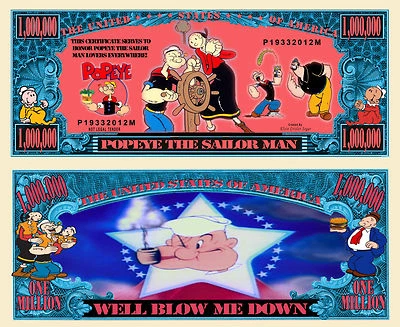 Popeye the Sailor Man Million Dollar Bill Funny Money Novelty Note + FREE SLEEVE