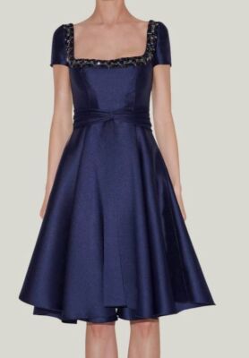 $1995 Reem Acra Women's Blue Fit-and-Flare Jeweled Neck Dress Size 10