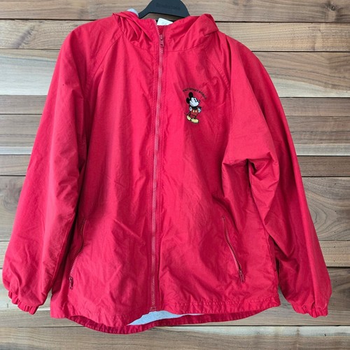Vintage Walt Disney Mickey Unisex Fleece gefütterte Jacke mit Kapuze und Reißverschluss L rot bestickt  - Bild 2 von 11