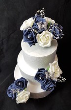 Wedding Flowers Cake Decorating Topper/Set Anniversary Birthday Ivory Navy Blue