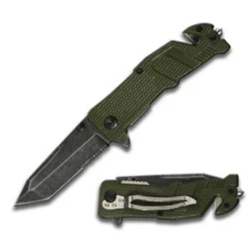 Xtreme Tac Rescue Folding Knife - OD Green Tactical Spring Assisted Opening