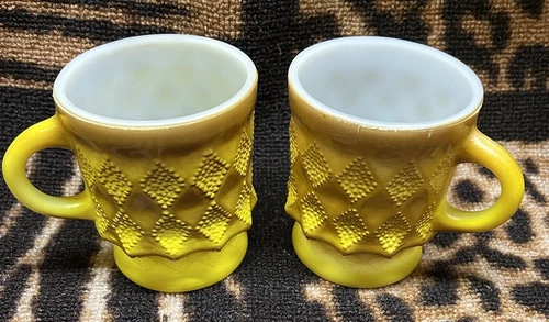 2 Anchor Hocking Fire King Kimberly Yellow Ombre Diamond Coffee Mugs USA