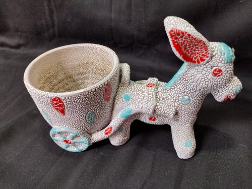 Ceramic Donkey Pulling Cart Planter Italy Lichen Glaze - Picture 4 of 6