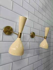 Pair Italian Mid Century Brass Diabolo Wall Sconce Stilnovo Light Handmade UL