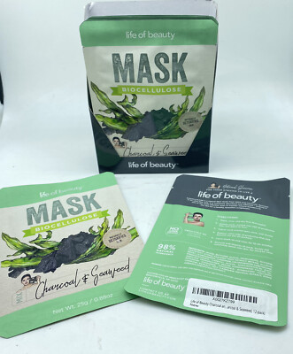 LOT OF 12 - Life of Beauty Charcoal & Seaweed Biocellulose Facial Mask -12 Pack