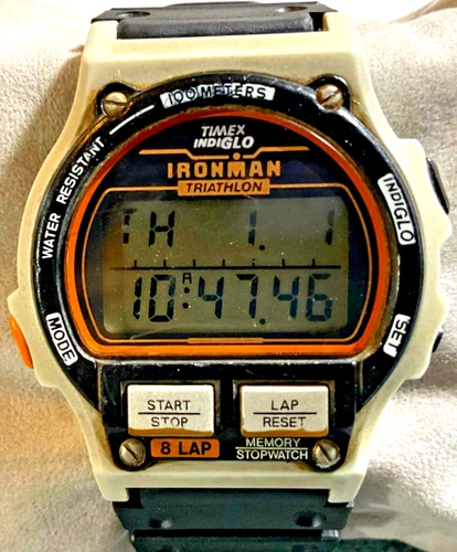 TIMEX VTG 1993 IRONMAN TRIATHLON 731-A INDIGLO WATCH 38mm DIGITAL 8-LAP NEW BATT