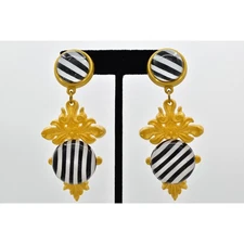 Vintage Clip On Earrings Nautical Stripe Navy White Lucite Gold Chunky NOS A28