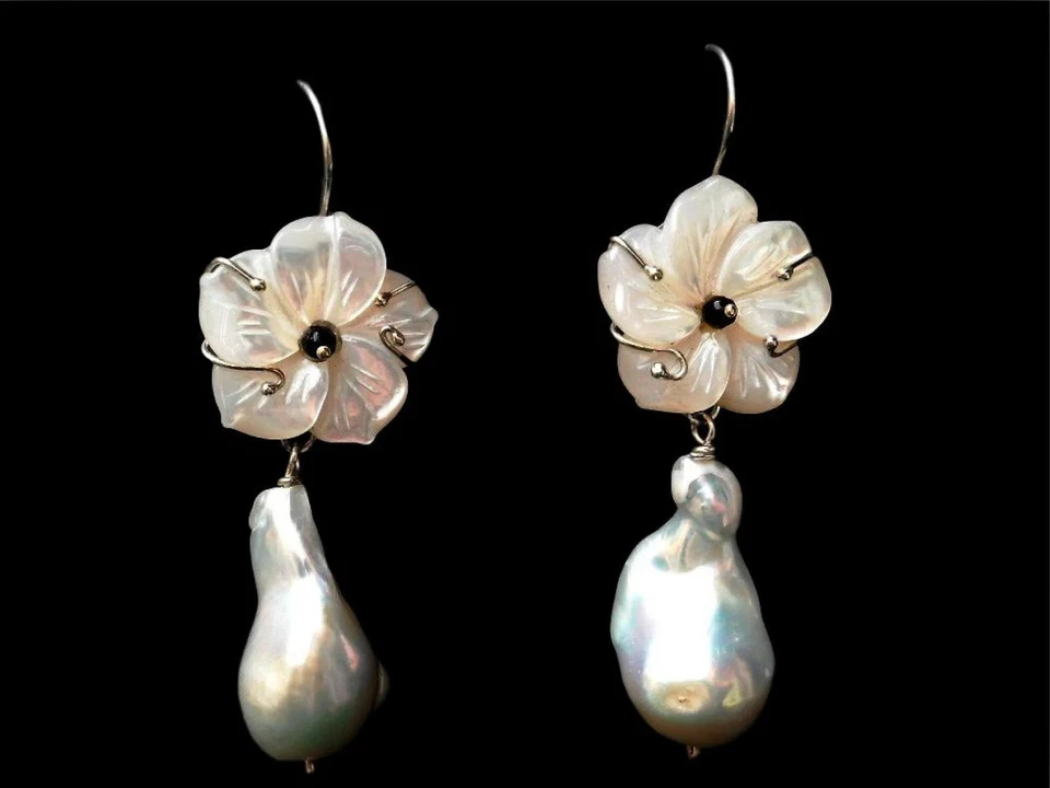 Orecchini con perle Vere barocche fiore Donna di Argento 925 in Pendenti e pietr - Immagine 3 di 3