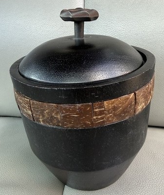 VTG 1960 decorative Wooden Container Distinctive Wz Coconut Shell Mozaic Band