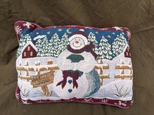Vintage 16X 11 Let It Snow Snowman Winter Tapestry Pillow Red Velvet Back