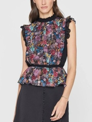 Club Monaco Winter Berry Floral Ruffle Top M Smocked Boho Romantic Office Chic