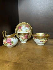 4 Pcs Royal Chelsea Golden Rose Teacup Saucer Creamer & Sugar England Vintage