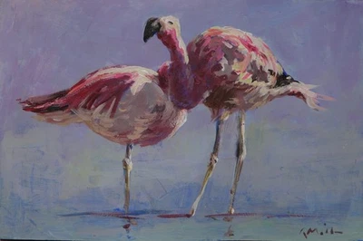 GERRY MILLER. Acryl-"Flamingos". Ohne Rahmen. 30x20cm. - Bild 1 von 3