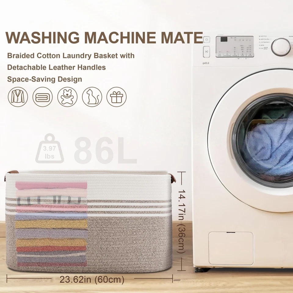 86L Extra Large Laundry Basket with Leather Handles for Living Room Storage, ... - Image 4 of 4