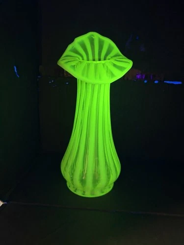 Fenton Uranium|Vaseline JIP Vase Ribbed Pattern Opalescent Yellow And White