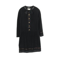 【Dresses】CHANEL Camellia Button Dress Long Sleeve Wool Black with Ribbon