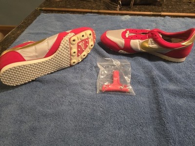 1986 Nike Track Spikes Deadstock Sz 11 Red/Gold +Ad & Note Athletes Foot