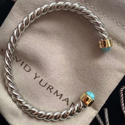 David Yurman 4mm Sterling Silver Blue Topaz & turquoise Gold Cable Cuff Bracelet