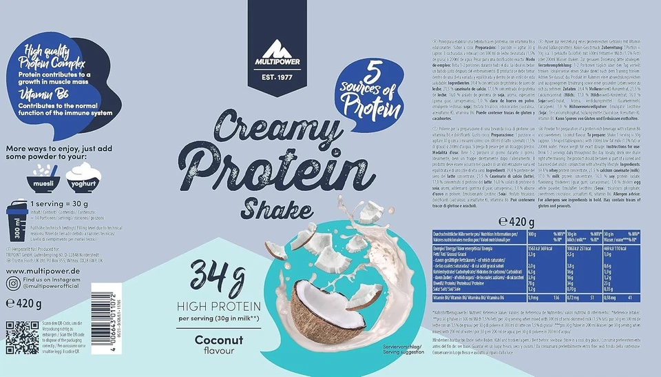 Multipower Creamy Protein Shake (420g) Kokos mit Whey & Casein für Muskelaufbau - Bild 3 von 4