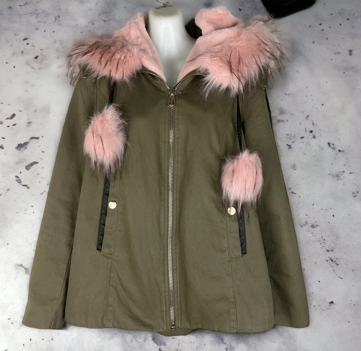 Gianni Bini Hooded Full Zip Jacket Olive Green Pink Faux Fur Trim Women s Small