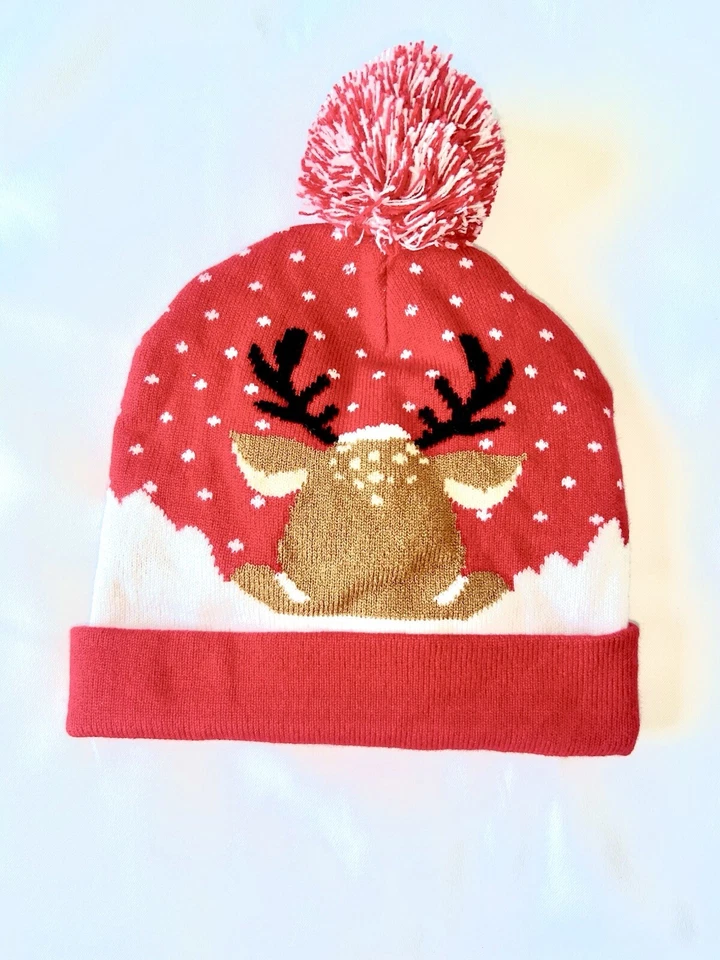 “OH DEER! Red Knit Christmas Hat - Warm, Reindeer & Snow Design, Pompom” - Image 2 of 2
