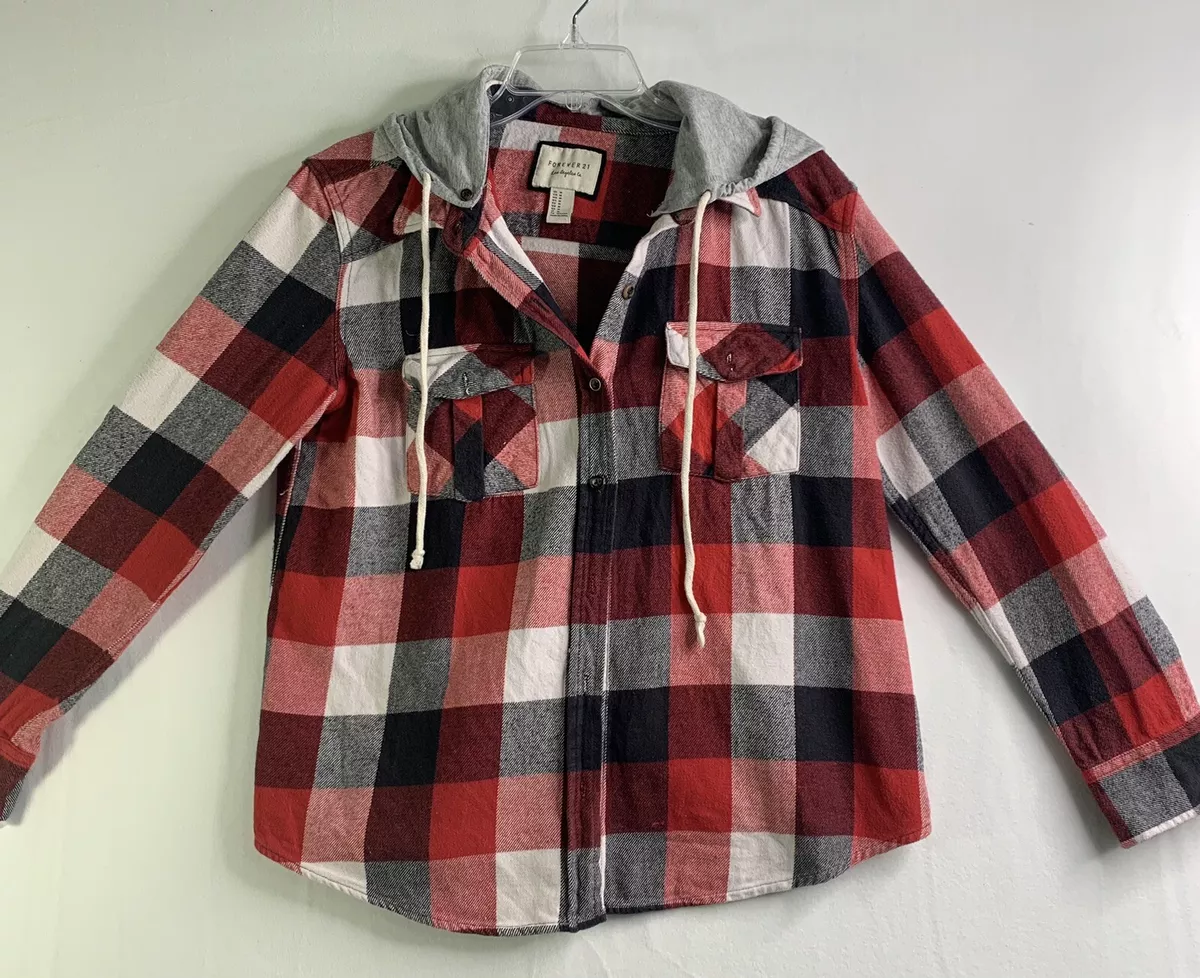 Forever 21 Flannel Hoodie Shirt Women s M Long Sleeve Plaid Red Gray K34