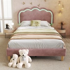 Image of 3ft Single Pink Velvet Upholstered Bed Frame w/ Wooden Slats No Box Spring Need