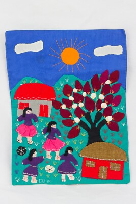 Arpillera Textile Art, Hand Sewn, Signed. Girls at Play