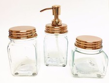 NEW PARADIGM 3 PC SET CLEAR GLASS+ROSE GOLD,COPPER SOAP DISPENSER+JAR+TUMBLER