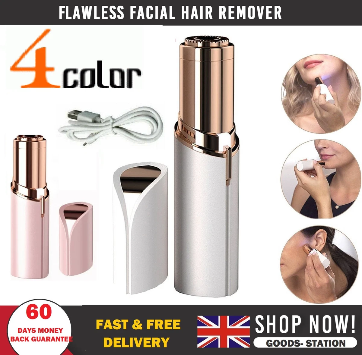 Flawless Facial Hair Remover USB Rechargeable 18k Gold plated
