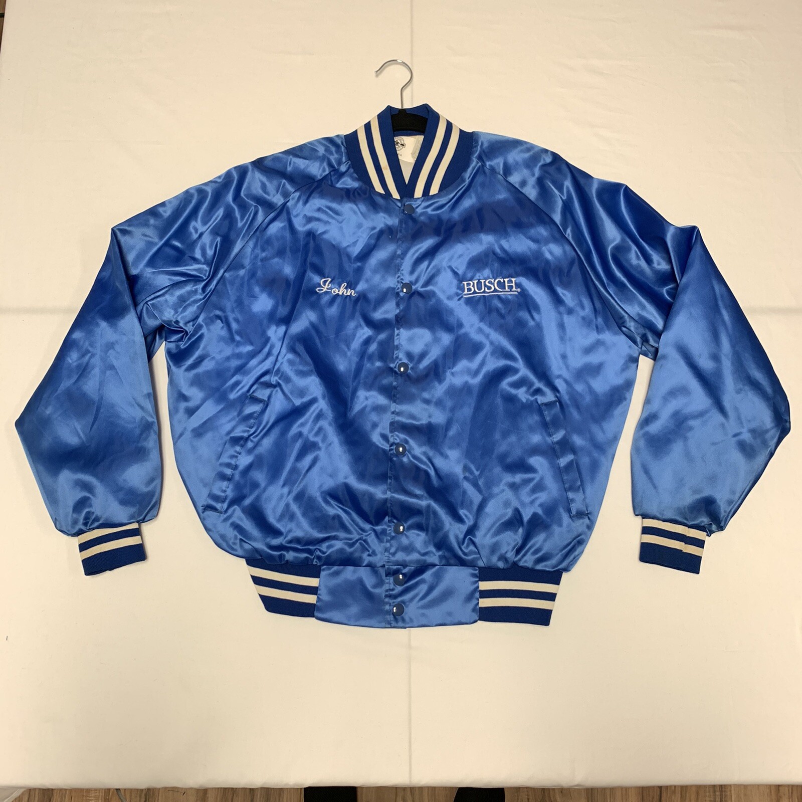 Vtg Busch Beer Royal Blue Satin Jacket Mens L Nylon S… Gem