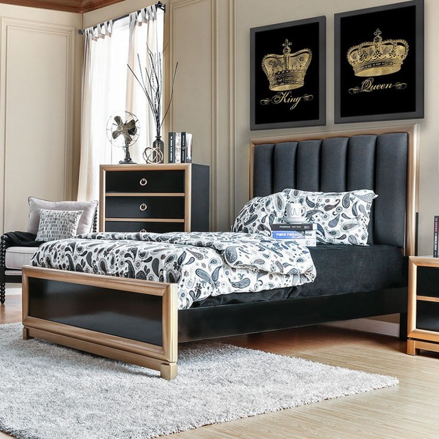 New Bedroom 1pc Bed Dual Color Black Gold Cushion Hb Cal King Size Bedframe