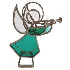 VINTAGE STAINED GLASS ANGEL with TRUMPET / SUNCATCHER / GREEN HAND-CUT GLASS