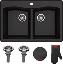 Forteza 33" Black Granite Double Bowl Kitchen Sink - Drop In/Undermount KGD-52BL