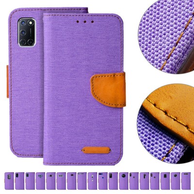 Handy Tasche Lila Flip Cover Case Schutz Hülle Etui Jeans Canvas Stoff Wallet