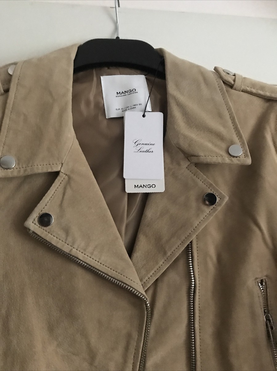 BNWT Mango Real Suede Leather Biker Jacket Beige Stone Cream Colour UK Size 