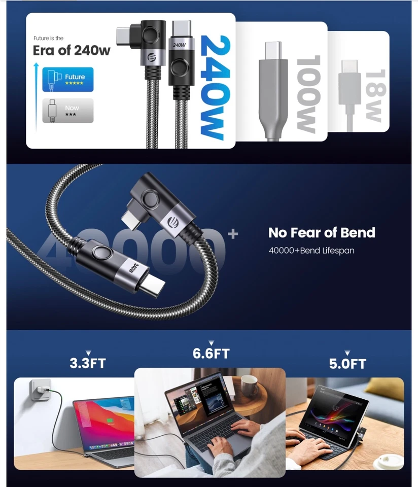 240W 20GB x 2 Thunderbolt Compitible Type C 4K Charging & Data  Cable - Image 3 of 4