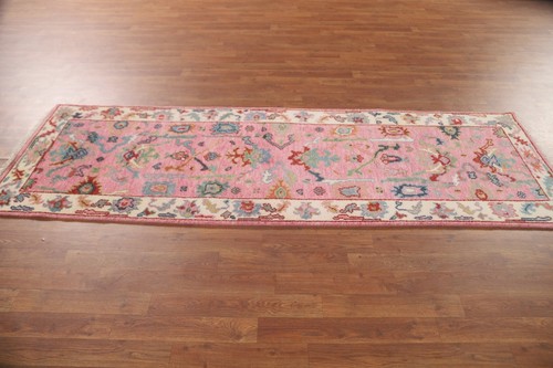 Pink Hand-knotted Oushak Oriental Runner Rug 2' 6" x 7' 10" Floral Wool Carpet - Picture 14 of 19